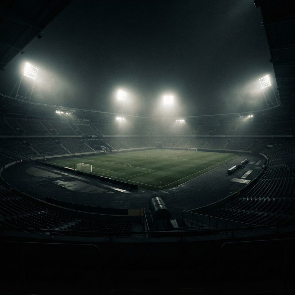 Leeres Stadion bei Flutlicht in der Nacht